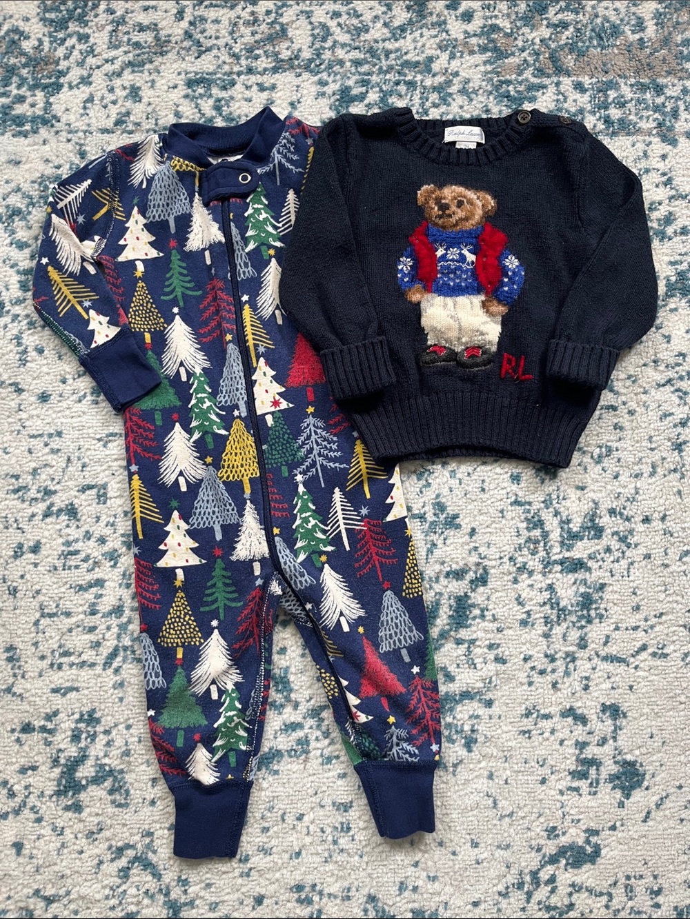 Bundle of Ralph Lauren Navy Bear Sweater & Navy Tree-Print Pajama Set for baby